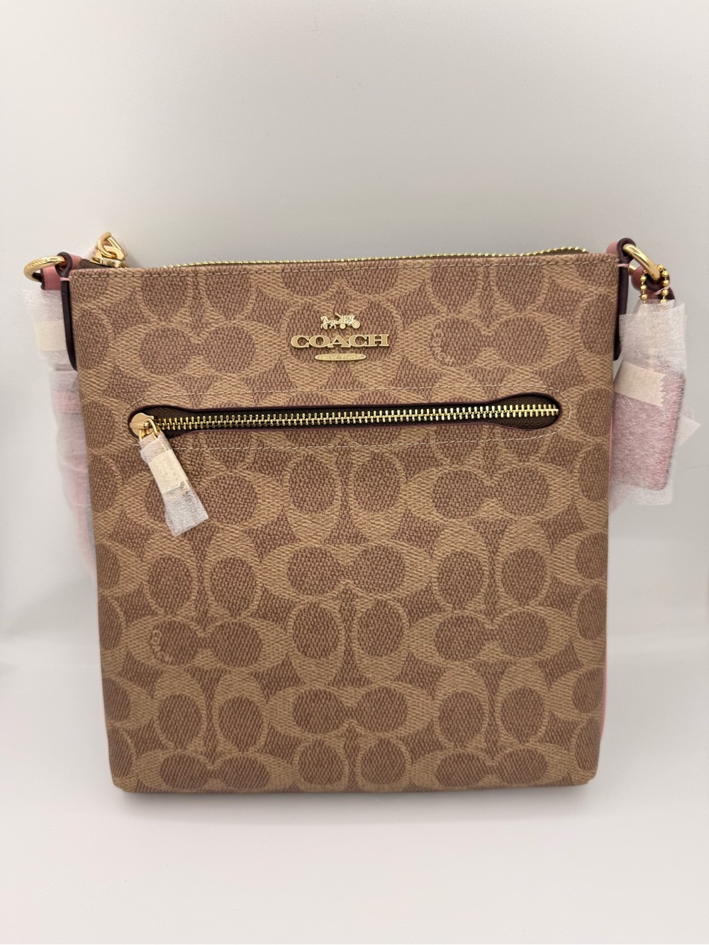 Coach New York Signature Canvas Crossbody Bag Khaki Pink Gold Hardware NWT